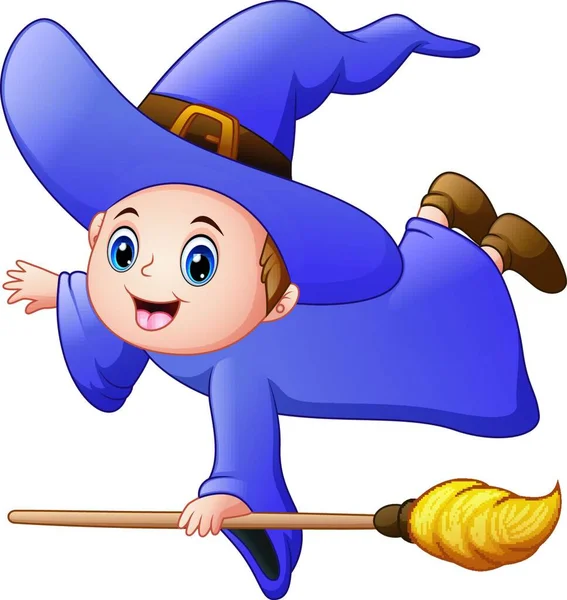 Vector Illustration Little Witch Flying Broomstick — Stock Vector