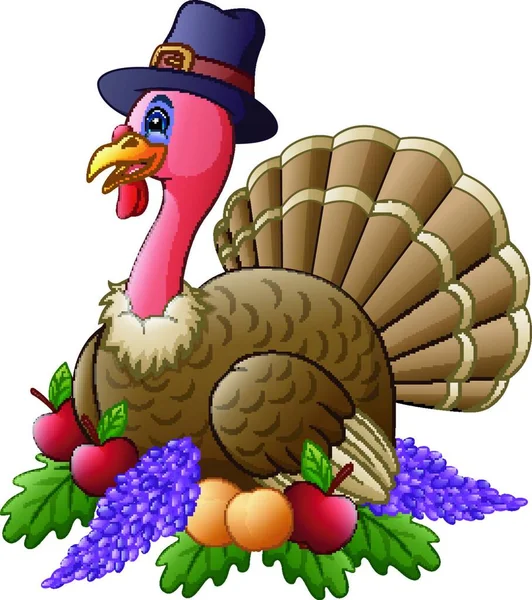 フルーツで幸せな感謝祭の七面鳥のベクトル イラスト — ストックベクタ