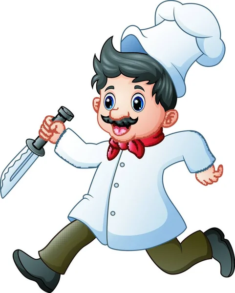 Vector Illustration Cartoon Chef Running Knife — Stock Vector