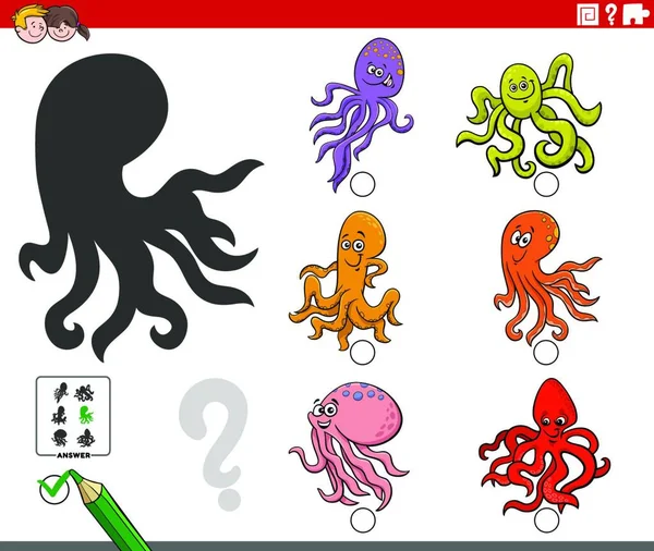 Cartoon Illustration Finding Right Picture Shadow Educational Game Children Octopus — стоковый вектор