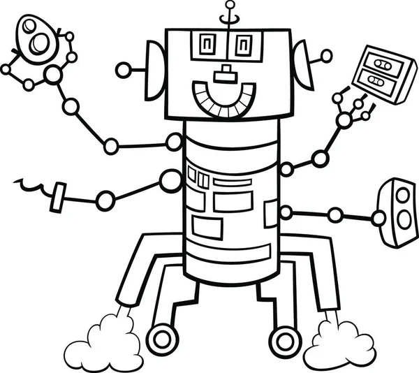 Schwarz Weiße Cartoon Illustration Von Glücklichen Roboter Fantasy Comic Figur — Stockvektor