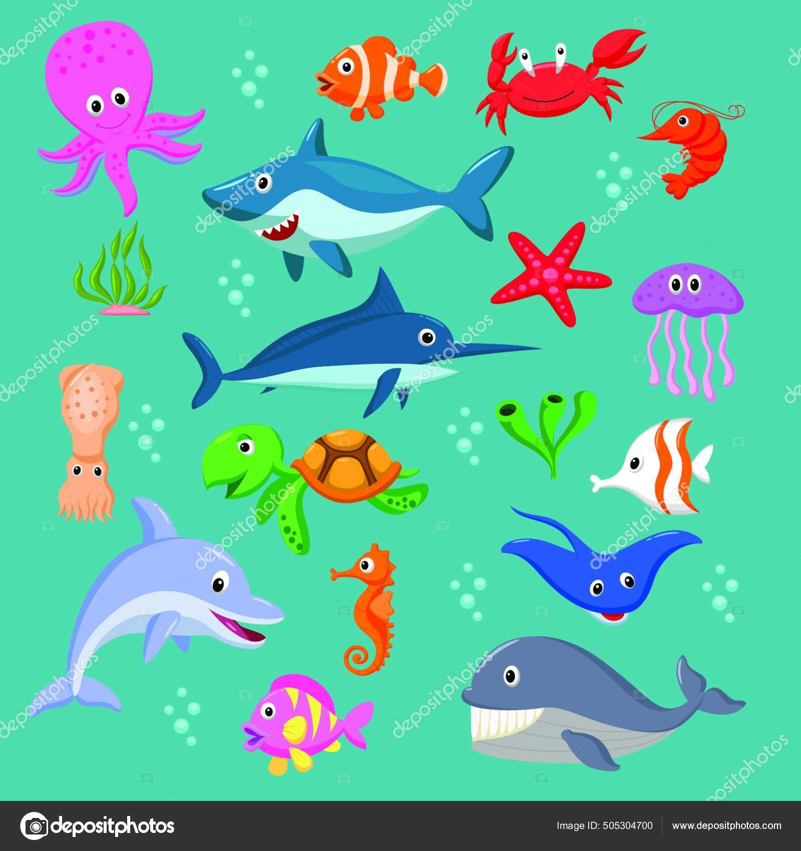 Conjunto Desenhos Animados Animais Marinhos Vetor de ©PantherMediaSeller  505304700, image size:1600x1700