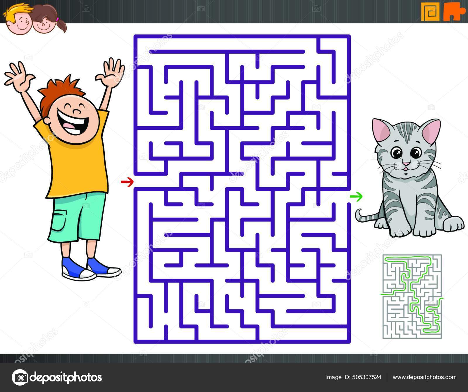 Jogo educativo de labirinto com pintor de desenho animado e sua