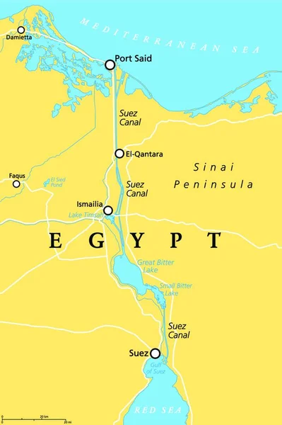 Kanał Sueski Mapa Polityczna Sztuczna Droga Wodna Poziomie Morza Egipcie — Wektor stockowy