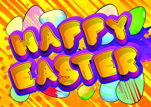 Happy Easter Comic Book Style Holiday Related Text Greeting Card — Stock Vector