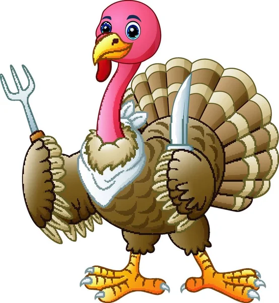 Vector Illustration Cartoon Turkey Bird Holding Knife Fork — Stock Vector