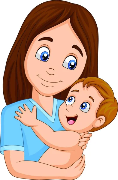 Desenhos Animados Mãe Feliz Abraçando Seu Bebê — Vetor de Stock