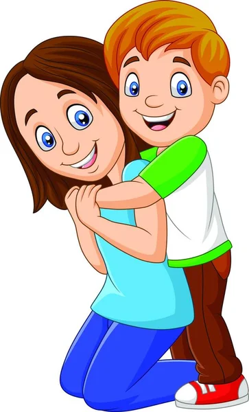 Cartoon Χαρούμενο Αγόρι Αγκαλιάζει Μητέρα Του — Διανυσματικό Αρχείο