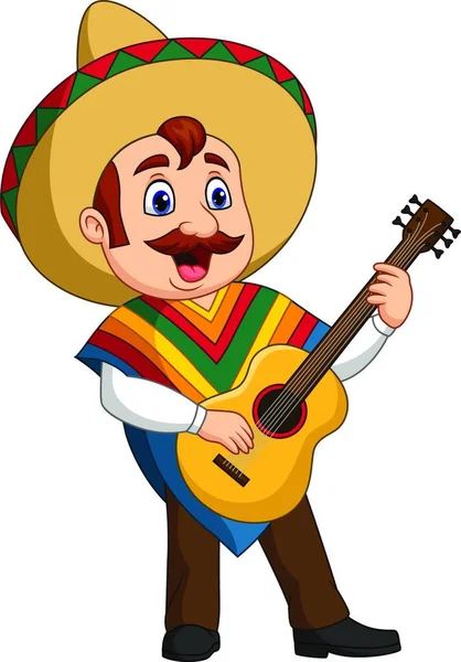 Caricatura Del Mexicano Tocando Guitarra Cantando — Vector de stock