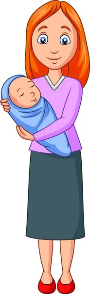 Happy Mother Carrying Newborn Baby Wrapped Blue — Stock Vector