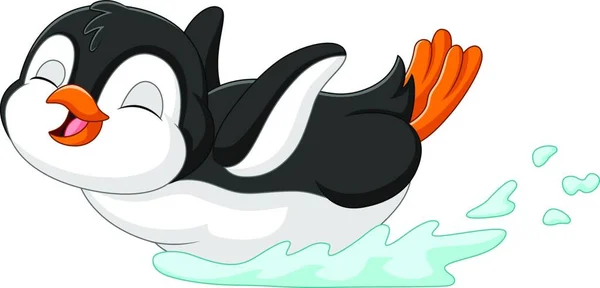 Aranyos Pingvin Rajzfilm Csúszik Víz — Stock Vector