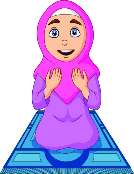 Dessin Animé Femme Musulmane Priant Sur Tapis Prière — Image vectorielle