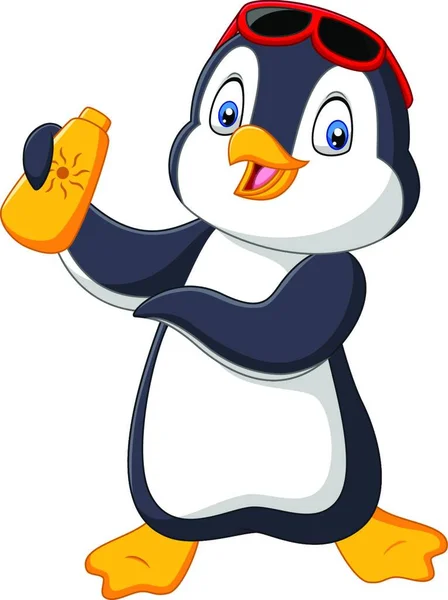 Pinguim Dos Desenhos Animados Segurando Creme Loção Garrafa Protetor Solar —  Vetores de Stock