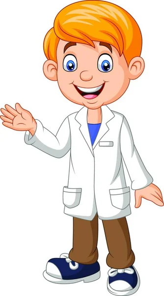 穿着实验室白衣挥动着的卡通男孩科学家 — 图库矢量图片