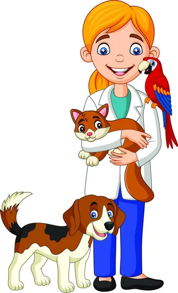 Cartoon Female Veterinarian Examining Pets — Stock Vector