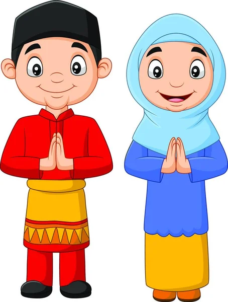Beyaz Zemin Üzerinde Mutlu Müslüman Çocuklar Çizgi Film — Stok Vektör