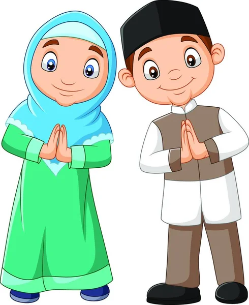 Glückliche Muslimische Kinder Karikatur Auf Weißem Hintergrund — Stockvektor