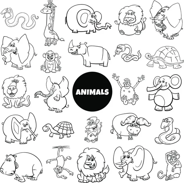 Black White Cartoon Illustration Wild African Animal Characters Large Set — Stockový vektor