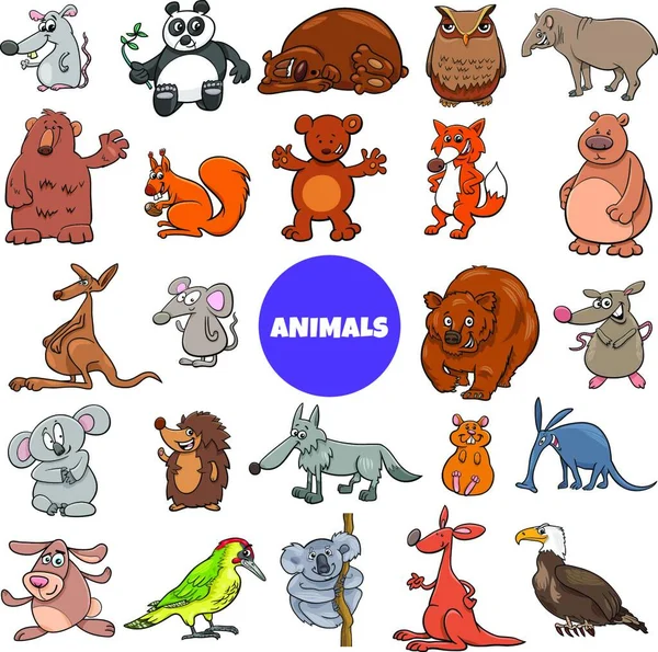 Karikatúra Illusztrációja Vicces Vadon Élő Állatok Karakterek Nagy Szett — Stock Vector