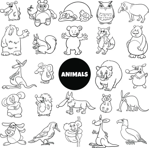 Dibujos Animados Blanco Negro Ilustración Personajes Divertidos Animales Salvajes Página — Archivo Imágenes Vectoriales