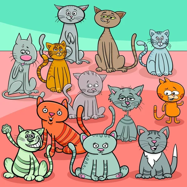 滑稽猫咪及猫咪漫画动物群的卡通图解 — 图库矢量图片