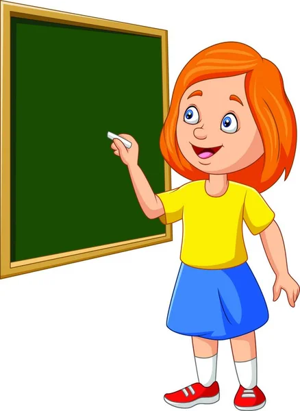 Cartoon Schoolmeisje Schrijven Het Schoolbord — Stockvector