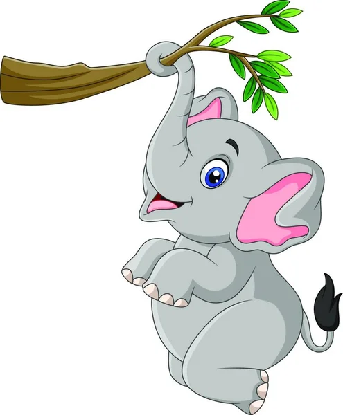 Dibujos Animados Divertido Elefante Jugando Una Rama Árbol — Vector de stock