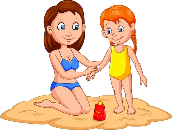 Mother Applying Sunblock Her Girl — Stock Vector