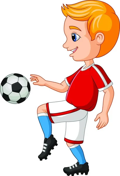 Cartoon Kleine Jongen Voetballen Een Witte Achtergrond — Stockvector