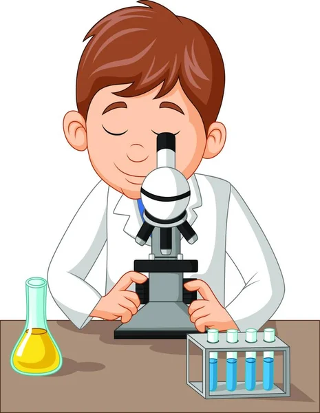 Fiatal Fiú Mikroszkóppal Laboratóriumban — Stock Vector