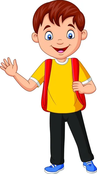 Cartoon School Jongen Dragen Rugzak Zwaaiende Hand — Stockvector