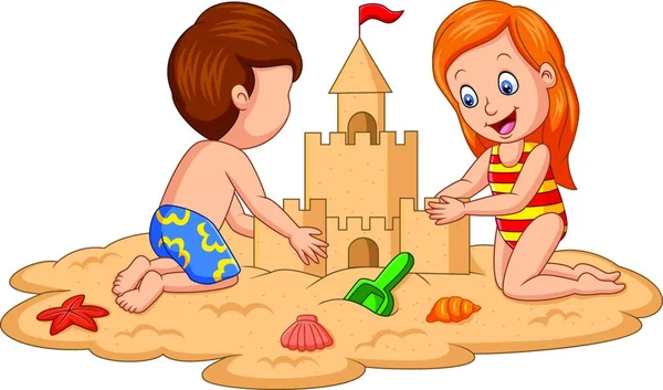 Enfants Faisant Château Sable Plage Tropicale — Image vectorielle