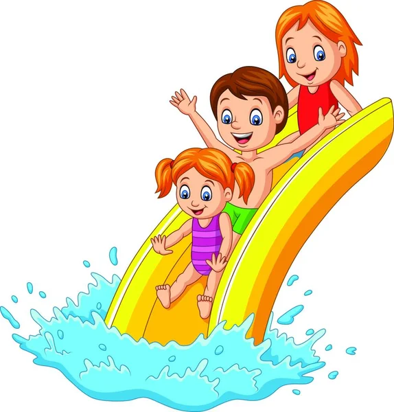 Família Feliz Jogando Slide Água — Vetor de Stock