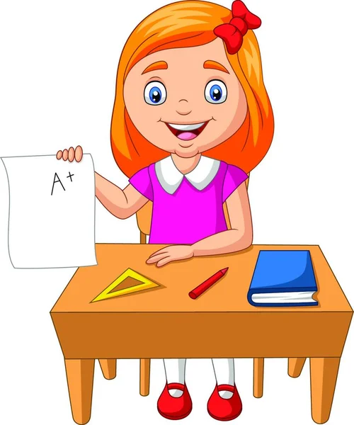 Kreskówkowa Dziewczynka Trzymająca Papier Plusem — Wektor stockowy