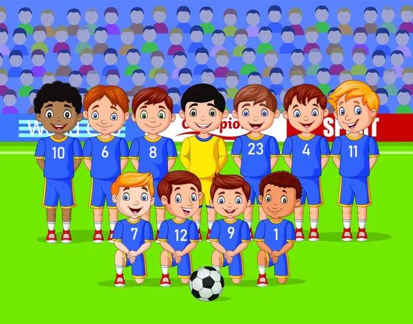 Cartoon Piłka Nożna Dzieci Zespół Stadionie — Wektor stockowy