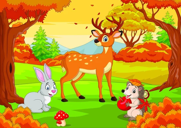 Kreskówkowe Dzikie Zwierzęta Jesiennym Lesie — Wektor stockowy