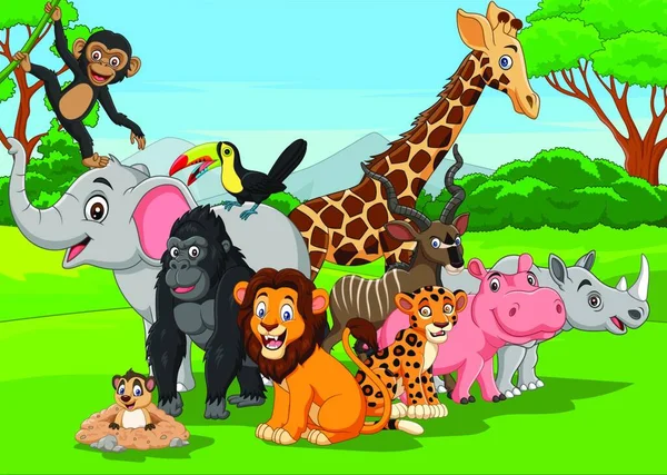 Dibujos Animados Animales Salvajes Selva — Vector de stock