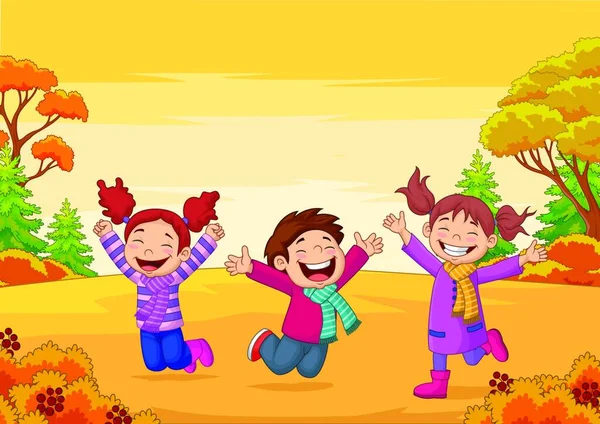 Šťastné Děti Skákání Podzim Pozadí — Stockový vektor
