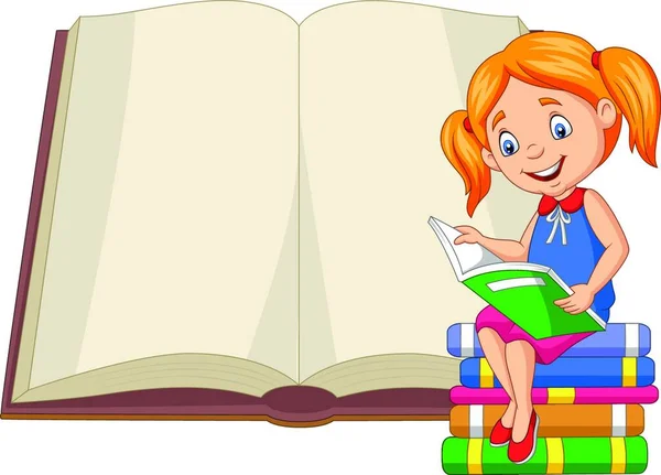 Kitap Yığınının Üzerinde Oturmuş Kitap Okuyan Küçük Kız — Stok Vektör