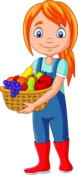 Linda Chica Feliz Cosecha Fruta — Vector de stock