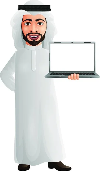 Arab Üzletember Kezében Egy Laptop — Stock Vector