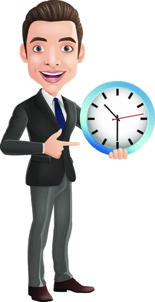 Cartoon Happy Young Businessman Holding Pointing Wall Clock — Stock Vector