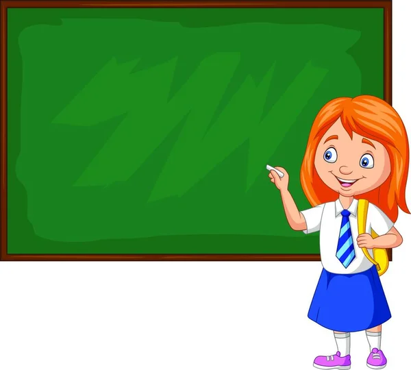 Cartoon Schoolmeisje Uniform Schrijven Het Schoolbord — Stockvector