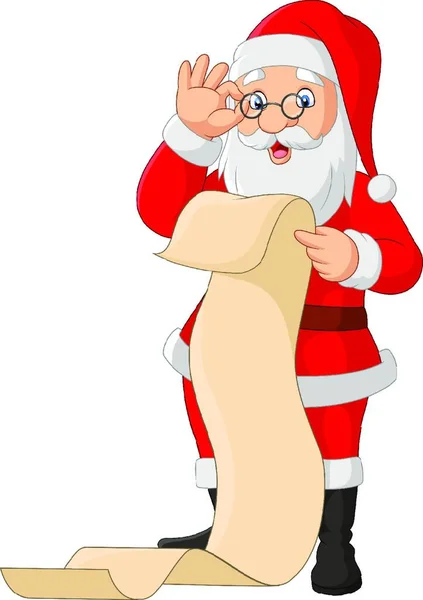 Cartoon Santa Claus Lisant Une Longue Liste Cadeaux — Image vectorielle