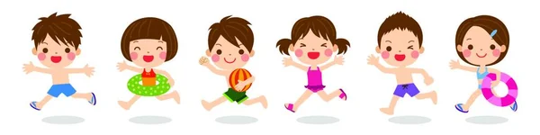水着を着たかわいい子供たちが一緒に走る 夏のイメージ — ストックベクタ