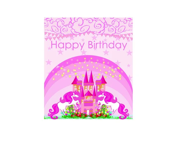 Leuke Eenhoorns Sprookjesachtige Prinses Kasteel Verjaardagskaart — Stockvector