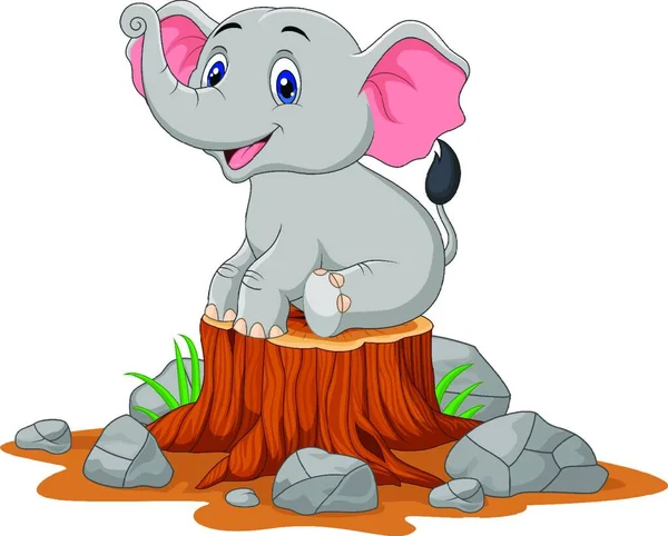 Elefante Bebé Dibujos Animados Sentado Tocón Del Árbol — Vector de stock