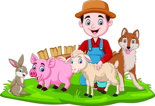Agricultor Com Animais Fazenda Grama —  Vetores de Stock