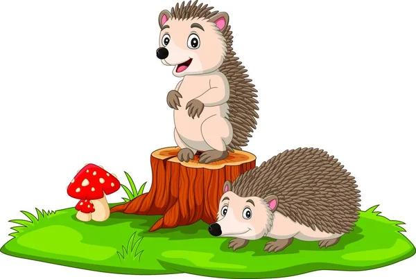 Γελοιογραφία Δύο Μωρό Σκαντζόχοιρος Στο Κούτσουρο Δέντρο — Διανυσματικό Αρχείο