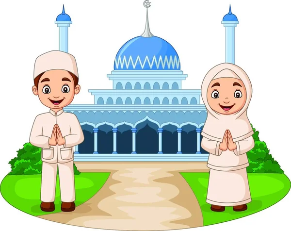 Feliz Desenhos Animados Crianças Muçulmanas Frente Mesquita —  Vetores de Stock